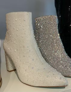 Runs true to size! Diamond White Boots, White Rhinestone Boots, White Sparkle Cowgirl Boots, Betsy Johnson Glitter Booties Outfit, Sparkle Boots Outfit, Bedazzled Boots, Boots With Pearls, White Wedding Boots, Diamond Boots