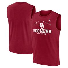 Show your Oklahoma Sooners pride with the Jordan Brand Primetime Legend Lock Up Performance Muscle Tank Top. Crafted from recycled polyester, this tank top offers a soft, lightweight feel that's perfect for any warm-weather day. The Dri-FIT technology wicks away moisture to keep you cool and dry, while the university's established year below the team name and logo adds a unique touch. Whether you're hitting the gym or cheering on the Oklahoma Sooners, this tank top is the ultimate choice for any Collegiate Cotton Sleeveless Tank Top, Collegiate Sleeveless Cotton Top, Collegiate Sleeveless Cotton Tank Top, Sleeveless Tops For Sports Events With Team Spirit, Cotton Sleeveless Collegiate Tank Top, Collegiate Cotton Sports Tank Top, Team Spirit Sleeveless Tank Top For Sports, Collegiate Sleeveless Tops With Letter Print, Athletic Fit Sleeveless Cotton Top