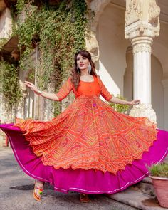 Umrao Bandhej Flared Dress – Aachho #aachho #summeroutfits #summerfashion #summertrends #eiddresses #ethnic #ethnicwear #ethnicfashion #blockprint #pastels #shopnow #onlineshopping #eidoutfits #ramadan Dresses For Women Indian, Pretty Dresses For Women, Indian Sari Dress, Bandhani Dress, Maxi Dress Designs, Sari Dress, Long Gown Dress