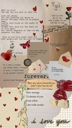 a collage of different types of paper with hearts and flowers