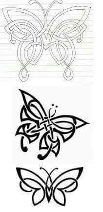 three different designs on lined paper with lines in the middle and one butterfly at the bottom