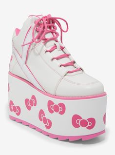 Step into cuteness overload with these Hello Kitty x YRU platform sneakers! Featuring white faux leather with pink accents and adorable Hello Kitty bow prints on the platforms.Listed in women's sizes.Platform: 3''Heel: 4''Polyurethane upper & rubber soleImported Pink Kawaii Clothes, Kawaii Platform Shoes, Cute Pink Shoes, Kawaii Clothes Aesthetic, Yru Shoes, Platforms Shoes, Cut Shoes, Hello Kitty Gifts, Hello Kitty Bow