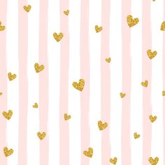 a pink and white striped background with gold hearts