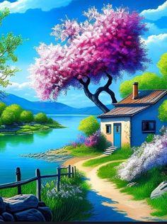 a painting of a house by the water with trees and flowers in front of it