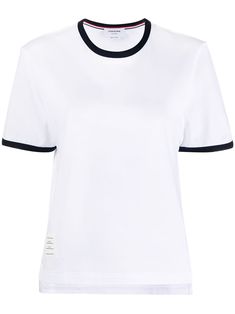 Classic Short Sleeve T-shirt With Contrast Trim, Classic White T-shirt With Contrast Stripes, White Short Sleeve T-shirt With Contrast Trim, Classic Short Sleeve Tops With Striped Hem, Classic Tops With Striped Hem And Short Sleeve, Classic Short Sleeve Top With Striped Hem, White Short Sleeve Tops With Signature Stripes, White T-shirt With Contrast Stripes, White Short Sleeve T-shirt With Signature Stripes