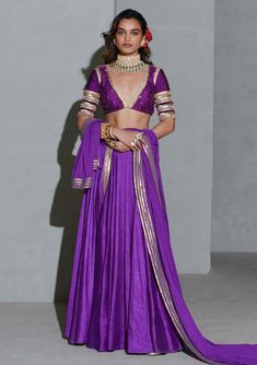 Rishi & Vibhuti-Purple Royalty Dew Lehenga Set-INDIASPOPUP.COM Purple Lehenga Choli, Shimmer Lehenga, Pleated Lehenga, Purple Royalty, Purple Lehenga, Low Cut Blouses, Halter Neck Blouses, Crop Top Lehenga, Lehenga Pattern