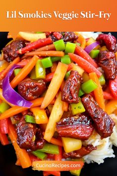 a close up of food on a plate with text overlay that reads lil smokies veggie stir - fry