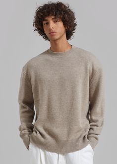 Color: Beige Melange Midweight merino wool-cashmere blend fabric Regular fit Crew neck Drop shoulders Rib-knit trim Slip-on style Unlined 90% Merino Wool 10% Cashmere Dry Clean By The Frankie Shop. Imported Lightweight Sweaters, Men's Knitwear, Denim Suit, The Frankie Shop, Frankie Shop, Zip Cardigan, Knitwear Men, Beige Sweater, Light Weight Sweater