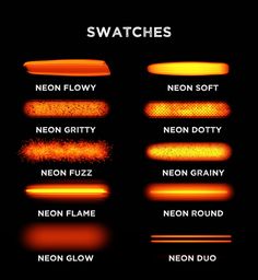 the different types of swatches are shown in orange and yellow colors on black background