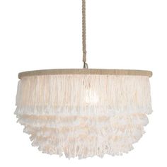 a white chandelier with fringes hanging from it's center point on a chain