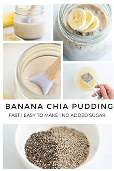 banana chia pudding in a mason jar with spoons and ingredients to make it