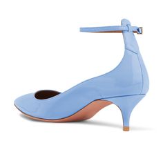 null Blue Ankle-high Heels With 4-inch Heel, Light Blue Leather Heels With Ankle Strap, Patent Leather Court Shoes With Ankle Strap, Blue Court Shoes With Sculpted Heel And Round Toe, Light Blue Ankle Strap Heels With Wrapped Heel, Blue Low Heels With Sculpted Heel, Blue Kitten Heels With Sculpted Heel And Pointed Toe, Blue Patent Leather Heels With Ankle Strap, Blue Low Heel With Heel Strap