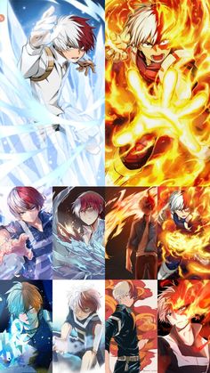 four different anime characters with fire in the background