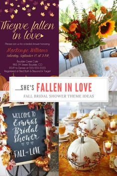 fall bridal shower theme with pumpkins and sunflowers in vases, table decorations