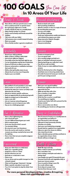 a pink and white checklist with the words 100 goals in it, surrounded by stars