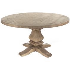 a round wooden table with four pedestals on one end and an oval wood table top