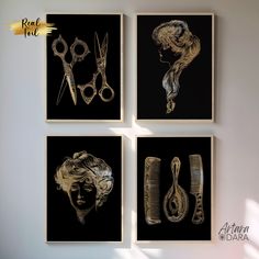 four framed art pieces with scissors, combs and woman's hair