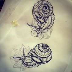 two drawings of snails on paper next to each other