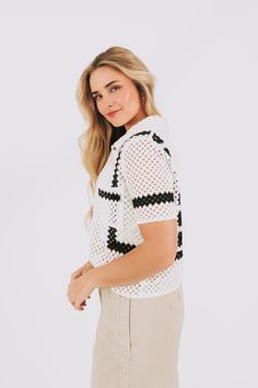 Take your style to the next level with the Higher Levels Top. This unique top features a stunning crochet design, 1 convenient pocket, and a bold color block point for added flair. Upgrade your wardrobe and stand out from the crowd with this must-have top. Details Crochet 1 pocket Color block point Sizing Approximate measurements: SIZE LENGTH BUST One Size 21" 42" Fabric has no stretchModel is 5’9 Material 100% CottonHand wash coldHang dry Short Sleeve Open Knit Crochet Top For Day Out, Trendy White Top With Crochet Trim, Trendy White Tops With Crochet Trim, Casual White Short Sleeve Crochet Top, White Textured Crochet Top For Vacation, Chic Tops With Crochet Trim For Day Out, White Casual Knit Top With Crochet Trim, Casual White Knit Top With Crochet Trim, White Textured Knit Crochet Top For Vacation