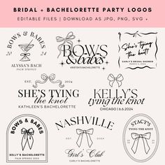 Unveil the charm of tying the knot with our "Bows and Babes" Bachelorette and Bridal Shower Logo Pack - an exquisite collection of 8 Canva editable logos. 🎀💍 This set seamlessly blends sophistication with playful flair, featuring cute bows illustrations that capture the essence of your celebrations. Customize each logo with Canva, adjusting text, colors, and details to align perfectly with your theme. Elevate your bachelorette bash or bridal shower with these unique and memorable logos. Export Event Planning Board, Bachelorette Themes, Logo Unique, Event Logo, Diy Templates, Tying The Knot, Cute Bows, Tie The Knots, Create A Logo