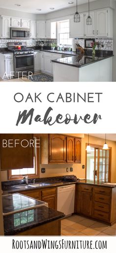 the before and after pictures of an oak cabinet makeover