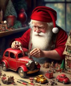 a painting of santa claus working on a toy car