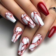 Nails Mramorové, Acrylic Marble Nail Designs, Red And White Marble Nails, Red Marble Nail Designs, Black And Red Marble Nails, Red Marble Nails Acrylic, Red And Black Marble Nails, Marble Red Nails, Red Marble Nails