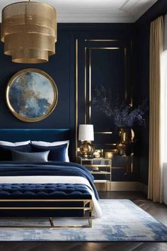 a bedroom with blue walls, gold accents and a large round painting on the wall