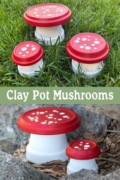 four red and white clay pot mushrooms sitting on top of some rocks in the grass