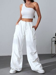 White Casual Collar Sleeveless  Plain  Embellished Non-Stretch,High Stretch  Women Clothing White Outfits Aesthetic, One Shoulder Crop Top, Pocket Sweatpants, Rib Knit Top, All White Outfit, Outfit Inspo Casual, Hip Hop Outfits, Top Crop, Cargo Pants Women