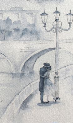 a painting of a couple kissing under a street light on a bridge in paris by the eiffel tower