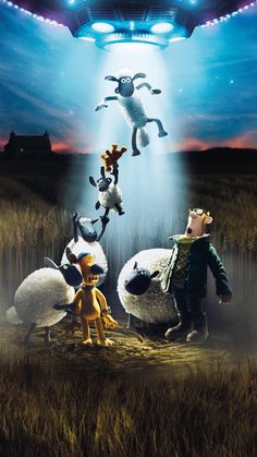 a movie poster for the film farmagedon with sheep jumping over two men in front of