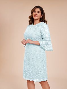 Introducing our elegant mother of the bride dress - featuring a flattering column silhouette, delicate 3/4 lace sleeves, and a knee-length hemline. This dress is perfect for any special occasion, providing both style and comfort for the mother of the bride. Elevate your look with this beautiful and timeless piece.        Attention!     The sleeves are see-through and unlined. (Refer to the picture below) Mother Of The Bride Half Sleeve Dresses For Spring, Lace Mother Of The Bride Dress With 3/4 Sleeves, Elegant Knee-length Lace Dress For Mother Of The Bride, Elegant Lace Dress With 3/4 Sleeves, Elegant 3/4 Sleeve Midi Wedding Dress, Knee-length Lace Dress For Mother Of The Bride, Elegant Lace Dress With 3/4 Sleeves For Formal Occasions, Elegant Formal Lace Dress With 3/4 Sleeves, Lace Dress Classy