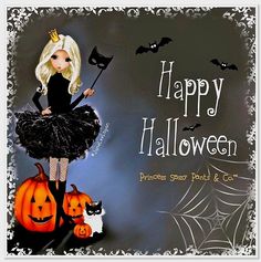 a happy halloween card with a doll and pumpkins