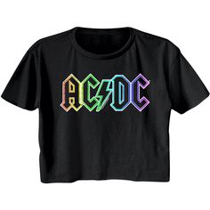 "AC/DC Women's Crop Top T-Shirt by American Classics Part Scottish, part Aussie, 100% High Voltage Rock Legends! Formed in Sydney in 1973, AC/DC went from Dirty Deeds Done Dirt Cheap on the Highway to Hell to Back to Black in The Flick of the Switch! They have sold over 200 million albums worldwide and they are still working on new music. Wear some rock history, this cool AC/DC graphic t-shirt is vintage style print with a distressed look as if you bought it at an AC/DC Concert Tour in the 80's Vintage Concert T Shirts, Rock Band Tees, Rainbow Logo, Retro Graphic Tees, Half Shirts, Neon Rainbow, Crop T Shirt, Black Rock, Concert Tshirts