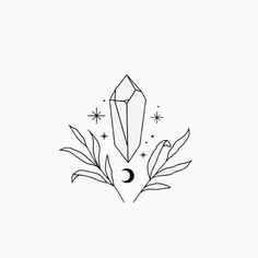 a black and white drawing of a diamond with stars on it's side, surrounded by leaves