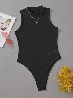 Free Returns ✓ Free Shipping✓. SHEIN Raffinéa Summer Solid Ribbed Sleeveless Bodysuit- Women Bodysuits at SHEIN. Comfy Jumpsuits, Ribbed Knit Bodysuit, Looks Country, Mock Neck Tank, Tank Bodysuit, Knit Bodysuit, Sleeveless Bodysuit, Knit Sleeve, Inspiration Mode