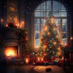 a decorated christmas tree sitting in front of a window next to a fire place with presents on the floor