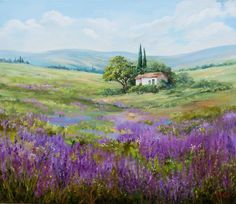 a painting of a lavender field with a house in the distance