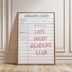 a library card with the words late night readers club written in pink ink on it