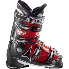 a pair of ski boots with red and black accents