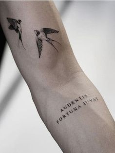 a tattoo with two birds on it and the words audentiti formale written in black ink