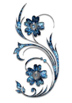 an artistic metal design with blue flowers and swirls on it's side, against a white background