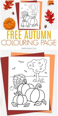 an autumn coloring page with pumpkins and leaves