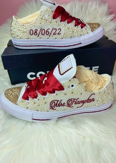 "Add Some Sparkle To Your Wedding Day, Anniversary, Birthday Party, Sweet 16, Social Event Or Prom With These Authentic Custom Bling Low Top All Star Converse Encrusted With High Quality Champagne And Burgundy Crystals And Ivory Resin Pearls. - Please Provide Me The Name And/Or Date You Would Like On Your Shoes (No More Than 8 Letters) Also Let Me Know Which Foot You Would Like Your Customization On. Example: \"Mrs.Green\" On Right Foot. \"3/8/22\" On Left Foot. Each Pair Of Sneakers Comes With: Birthday Party Sweet 16, Bedazzled Converse, Wedding Sneakers For Bride, Bedazzled Shoes Diy, Beauty And Beast Wedding, Bedazzled Shoes, Bridal Sneakers, Bling Converse, All Star Converse