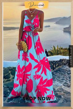 Women's Dresses Printed Sling V-neck Sleeveless Dress Plus Size Beach Wear, Bohemian Robes, Holiday Dresses Women, Dresses Printed, Cake Skirt, Elegant Maxi Dress, Print Swimwear, Sling Dress, Necklines For Dresses