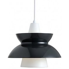 a black and white light hanging from a ceiling