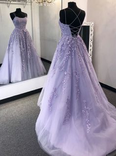 Stylish Backless Purple Lace Long Prom Dresses, Purple Lace Formal Dresses, Purple Evening Dresses, Ball Gown Purple Cinderella Dress, Purple Prom Dress With Corset, Lavender Dresses Prom, Poofy Grad Dresses, Baby Purple Prom Dress, Light Purple Maid Of Honor Dress, Backless Ball Dress, Grad Dresses Purple, Purple Prom Dress Flowy