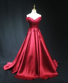 Red Bridesmaid Ball Gown, Red Ball Gown For Bridesmaid, Red Bridesmaid Evening Dress With Sweep Train, Red Sweep Train Bridesmaid Evening Dress, Elegant Red Ball Gown For Bridesmaids, Red Floor-length Bridesmaid Evening Dress, Red Satin Bridesmaid Gown, Wedding Ball Gown In Satin, Red Bridesmaid Evening Dress With Sweetheart Neckline