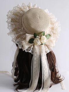 The hat is made of lace with camellia floral and bow. The hat can be used as a shade from the sun, the tie and floral on the hat are removable.   This price is for a straw hat only. SizeFree SizeHead Circumference56-58 Barettes Hat Outfit, 1800s Hats, Tudor Hairstyles, Lace Hairband, Sea Beast, Cottagecore Accessories, Country Lolita, Cottagecore Country, Steampunk Fashion Female